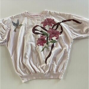 Large Vintage 80’s Hand Painted Floral and Hummingbirds Shirt with Waistband
